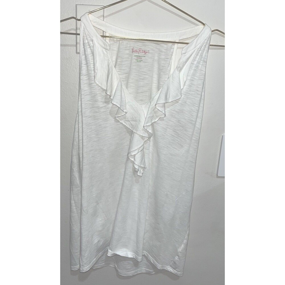 🌿🌸 LILLY PULITZER WHITE PIMA COTTON RUFFLED NECK TANK TOP WOMEN'S SIZE xl b